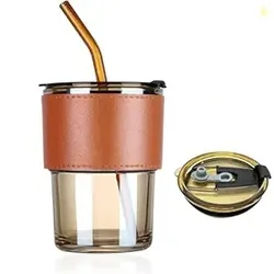 Glass Coffee Cup with Straw & Lid Anti Skid Leather Sleeve Grip Handle Tumbler Mug for Hot & Cold Beverages,Tea Coffee Smoothies Juice 400ML(Set of 1)