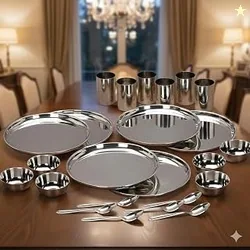 Stainless Steel Solid Heavy Mirror Finish Dinner Set of 24 Pcs (6 Plate, 6 Bowl/Wati, 6 Glass, 6 Spoon), Silver Dinning Set