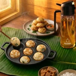 HomeWiz Cast Iron Appe Pan 7 Cavity 18 cm | Free Oil Dispenser 500ml | Pre-Seasoned Appe Maker for Appam, Paniyaram & Appe | Non Stick Appam Pan | Nat