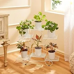 Metal Planter Stand for Living Room, Indoor Outdoor Plant Stand for Balcony and Home Decor, Holds 6 Planters, White