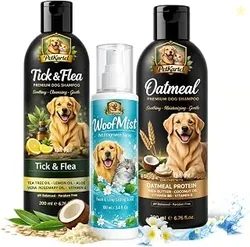 Oatmeal Dog Shampoo 200ml + Tick & Flea Dog Shampoo 200ml + WoofMist Pet Perfume Spray 100ml Combo | Tea Tree Lemon Aloe Soothing Moisturizing & Anti