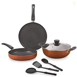 Nirlon Brownie Granite 7-Piece Aluminum Non Stick Cookware Combo Gift Set (Compatible with Gas & stovetops)