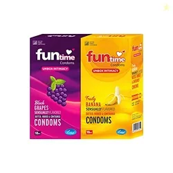 Funtime Flavoured Dotted Ribbed And Contoured Long Lasting Condoms for Men Count 10 - Combo (Pack of 2 Black Grapes, Pack of 2 Fruity Banana) Total 40