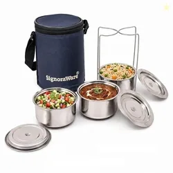 SignoraWare Fine Meal Stainless Steel Lunch Box | Airtight & Leakproof Lid | Compact & Lightweight | Tiffin for Office School & Travel Use (300ml x 3 | Set of 3 | Steel)