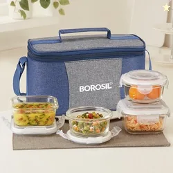 BOROSIL Alora Universal Glass Lunchbox, 4 pc Set (320 ml x 2 + 240 ml x 2) 4 Containers Glass Office Lunch Box 1120 ml