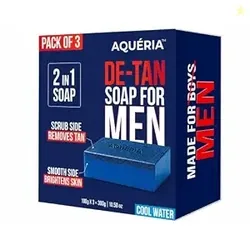 Aqueria De-Tan & Brightening 2-in-1 Bath Soap for Men | Cool Water Perfume | Scrub Side for Tan Removal & Gentle Exfoliation | Smooth Side for Skin Brightening & Hydration | Deep Cleansing Face & Body Soap For Fresh Healthy-Looking Skin | 300g (Pack of 3) | Suitable For Daily Use - Lasts Upto 90 Washes.