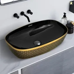Plantex Wash Basin for Bathroom/Ceramic Counter Top Basin/Washbasin for Home/Office/Hotel - (Black & Gold - 23.5 x 15 x 5.5 Inch)
