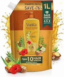 Dabur Vatika Ayurvedic Shampoo Refill Pouch - 1 L | Damage Therapy | Power of 10 Ingredients for Solving 10 Hair Problems | No Parabens | For All Hair