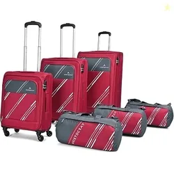 Aristocrat Hexa Active Set of 6 (3 Trolley Bags & 3 Duffle Bags) Luggage | Red, Soft Case Trolley (S+M+L) & Duffle Bags, Front/ Side Pockets, Durable,