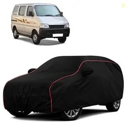 Sulfar 100% Water Resistant Car Body Cover Compatible with Mirror for Maruti Suzuki Eeco (Triple Stitched, Full Bottom Elastic, Black with Red Piping)