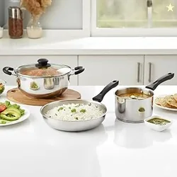 CELLO Galaxy Steelox 3 Pcs Cookware Set | Kadhai with Glass Lid 3L, Milk Tea Saucepan 1.5L, Multipurpose Frying Pan 2L | Gas Stove Compatible, Riverte