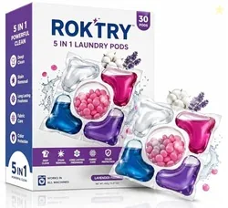 ROKTRY 5-in-1 Laundry Detergent Pods 30 Pods Commercial Mega Pack Ultra Concentrated Washing Capsules Heavy Stain Remover, Cost-Effective & Quick Diss