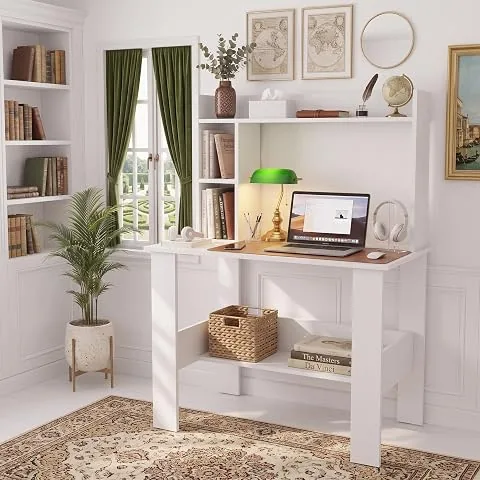 Elevate Study Table with Bookshelf Hutch - Modern Wooden Computer Desk with Top & Bottom Storage | Premium Engineered Wood, Oak Brown (90 x 50 x 120 c