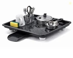 SmartSlide Dish Drainer Tray for Kitchen Sink | Plastic Utensil Drying Tray with Water Drain Spout | Countertop Dish Drying Stand (12 x 17 Inch) (Blac