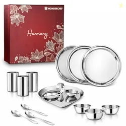 Wonderchef Harmony Premium Wedding Gift & Pooja Set | Plates, Bowls, Glasses, Spoons, Pooja Thali, Diya & Agarbatti Stand | Elegant Red Gift Box for W
