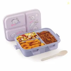 Joy Kins Plastic Lunch Box  3 Compartment Bento Tiffin, Leak-Proof & Durable, Plastic Spoon, Ideal for Kids, School, Picnic 1260ml, Purple