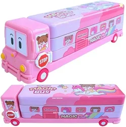 Devam School Bus Metal Pencil Box With Moving Tyres And Sharpner For Kids Cartoon Printed Art Metal Pencil Box Set of 1, Pink