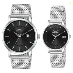 LOUIS DEVIN Stainless Steel Chain Analog Wrist Watch for Men and Women (Green/Brown/Blue/Black Dial) | Set of 2 Wrist Watches | Couple Watches | LDCM-