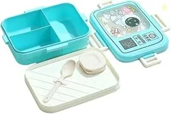 Craze Space Theme Kids Lunch Box with 3 Compartment, 1 Separate Internal Lid, 1 Small Container & Spoon Microwave Safe- 1290ml+70ml Blue