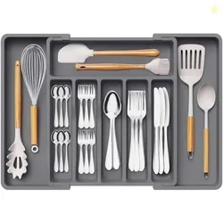 Aliensware Expandable Slider Kitchen Drawer Organizer, BPA Free Utensil, Adjustable Flatware & Cutlery Holder/Divider Tray for Spoons Forks, Knives Ta