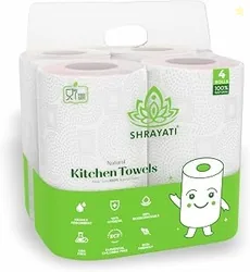 Shrayati Kitchen Paper Rolls, 2 Ply, Pack of 4 | 240 Pulls | 60 Pulls x 4 Rolls | Kitchen Paper Towel | Super Soft, Highly Absorbent Kitchen Tissue Ro