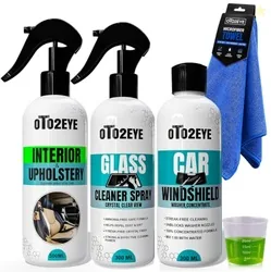 OTO2EYE Car Care Cleaning Kit  300mL Windshield Washer Fluid, 300mL Glass Cleaner, Interior Cleaner & Protectant with UV Protection, Microfiber Towel