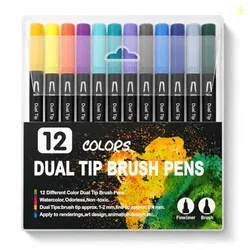 12 Pcs Dual Tip Brush Pens Vibrant Colours for Mandala Colouring Professional Dual Tip Felt Tip Pens with Flexible Brush Tip & Extra Fine Liner Tip fo