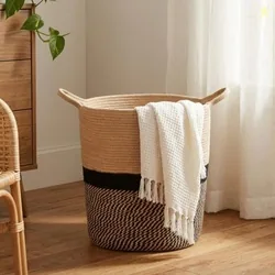 amazon basics Polycotton Basket Large Hamper Polycotton Baskets for Storage, 14D x 18.3H, Wicker Laundry Baskets for Living Room, Dirty Clothes Basket