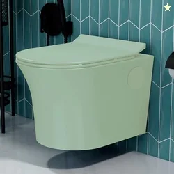 Plantex Platinum Ceramic Rimless Wall Hung Western Toilet/Commode for Toilet/Rimless Washdown Commode With Soft Close Toilet Seat - P Trap Outlet(Oliv