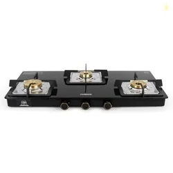 Tower Gas Stove 3 Burner 8mm Toughened Glass Brass Valves Lpg Black | 8mm toughened glass with brass gas valves, heavy-duty pan support, ergonomic met
