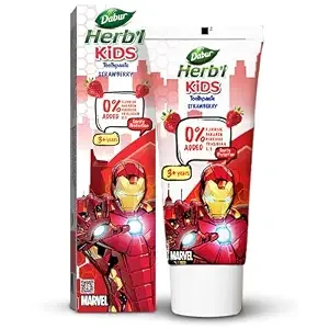 DABUR Herb'l Kids Iron Man Toothpaste|3+ Years|Strawberry Flavour|80 G|No Added Chemicals|Cavity Protection|Fights Germs|Strong TeethHealthy Gums|Natural & Safe For Kids|Sls & Flouride Free