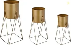 Amazon Brand - Solimo Metal Planters Pot Holder (Square Base) with Metal Plant Stand (Gold, Set of 3) | Tall Indoor Plant Stand with Planter Pot, Suit