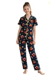 Ninos Dreams Cotton Knit Half Sleeves Girls Collar Night Suit with Pajama/Age 6-14 Years