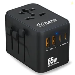 Tukzer 65W Universal Travel Adapter, GaN Fast Charging Adapter with 2 Type C & 1 USB Ports, Universal Plug Socket, All in One International Travel Ada