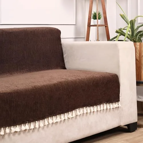 STITCHNEST Brown Chenille Sofa Cover 24x60 Inch  Soft, Durable & Textured Fabric with Tassels | Full Coverage Sofa for Living Room, Bedroom, or Drawi
