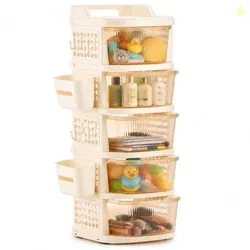 Homeor 5 Tier Plastic Storage Drawer Cabinet with Wheels, Modular Chest of Drawers Organizer with Side Basket & Handle, Storage Trolley Rack for Home,