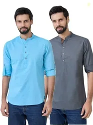 See Designs Men's Roll-Up Sleeve Mandarin Collar Cotton Solid Short Kurta (Pack of 2) - Festive Collection