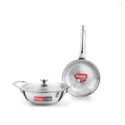 Crystal TriPro Triply Stainless Steel 3 Pcs Cookware Set | Kadai 22cm with Glass Lid and Frypan 18cm | Less Oil Use, Healthy Cooking - Induction Botto