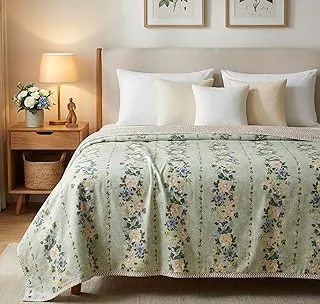 BSB HOME 100% Cotton Reversible Dohar Double Bed Size | AC Blanket Lightweight Summer Comforter | Soft Breathable Bed Blanket (224 x 214 cm) (Sage Gre