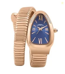 Eternelle Curve | Blue Dial with Rose Gold Case | Flexible Wrap Bracelet Strap | Crystal Accent Design | Roman Numerals Analog Watch for Women - FCN01