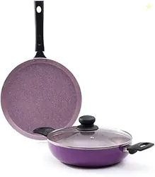 Valencia Plus Non-Stick Cookware 3 Piece Set | Kadhai, Glass Lid, Dosa Tawa | Cool Touch Bakelite Handles | Pure Grade Aluminium| PFOA Free| 1 Year Wa