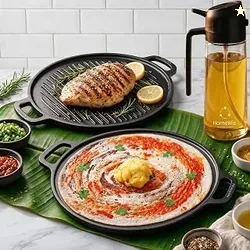 HomeWiz 2-in-1 Cast Iron Non Stick Tawa & Grill Pan 30 cm | Free Oil Dispenser 500ml | Pre-Seasoned Cast Iron Tawa For Roti & Dosa | Cast Iron Grill P