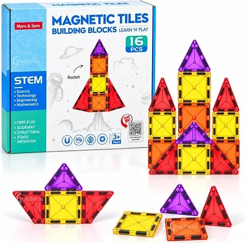 GRAPHENE Magnetic Tiles Building Blocks for Kids 3+ Years 16 Pcs 3D Construction Set STEM Educational Montessori Learning Toy Creative Preschool Brain