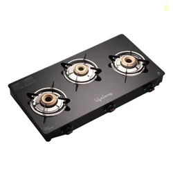 Lifelong 3 Burner Gas Stove Top for Kitchen - Brass Burner Manual Ignition Cooktop Modern Glass Stove for Modular Kitchen, ISI Certified & Compatible