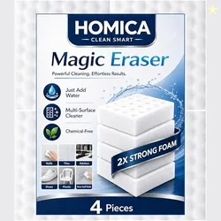Pack of 4 Homica Magic Eraser Cleaning Sponge | Chemical-Free Multi-Purpose Cleaning Sponge | Just Add Water | Removes Marks, Stains | for Kitchen, Ba