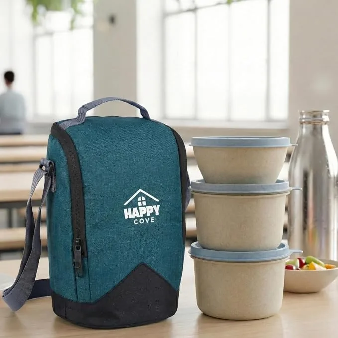Happy Cove Eco Friendly Lunch Box for Office Use | Biocomposite Wheat Straw, Rice Husk & Bamboo Fibre | 3 Microwave Safe Containers | Tiffin Box with