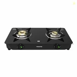Butterfly Bleu Ray 2 Burner Glass Top Gas Stove | Removable Drip Tray | Brass Burner Gas Stove with TriFlow Jumbo Burner