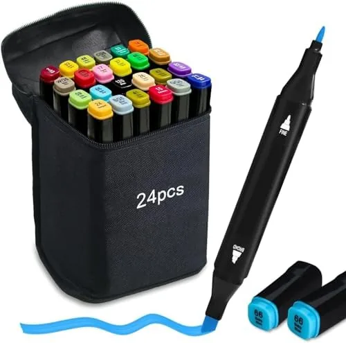 Wynhard Alcohol Markers Sketch Pen Set Dual Tip Brush Pens Art Markers for Drawing 24 Color Dual Tip Chisel & Fine Colour Marker Set Sketch Marker Alc