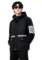 Men's Hooded Jacket Black Lightweight Casual Coat with Contrast Detail, Outdoor Windbreaker Style Jacket with Pockets for Men, Everyday Travel Streetw