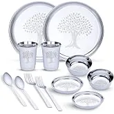 Limetro Steel Stainless Steel Dinner Set for 2 Persons | Complete Indian Thali Set with Plates, Bowls/Katori, Glass, Spoon & Fork | Tree Design Steel